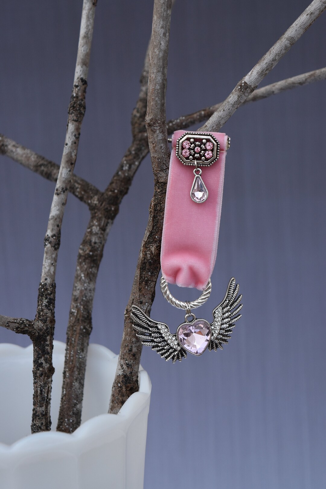 Winged Heart Brooch Pink Velvet Ribbon, HEART FLUTTERS Pin Brooch ...