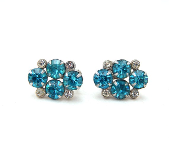 Blue Rhinestone Earrings Screw-Back, Bridal Weddi… - image 3