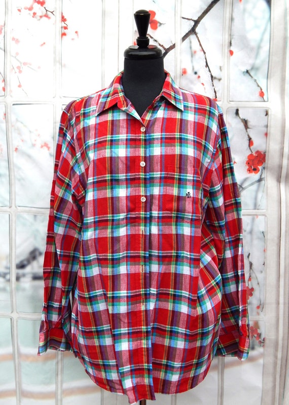 RALPH LAUREN Plaid Linen Shirt Size 1X Red/green/blue, Plus Size Vintage Ralph  Lauren Womens Shirt 