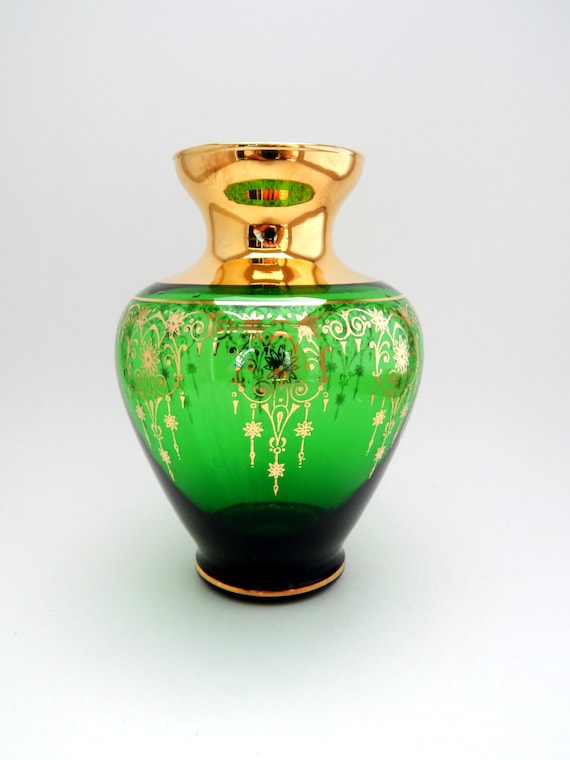 Vintage Vecchia Murano Glass Emerald Green Vase Gold Trim Etsy
