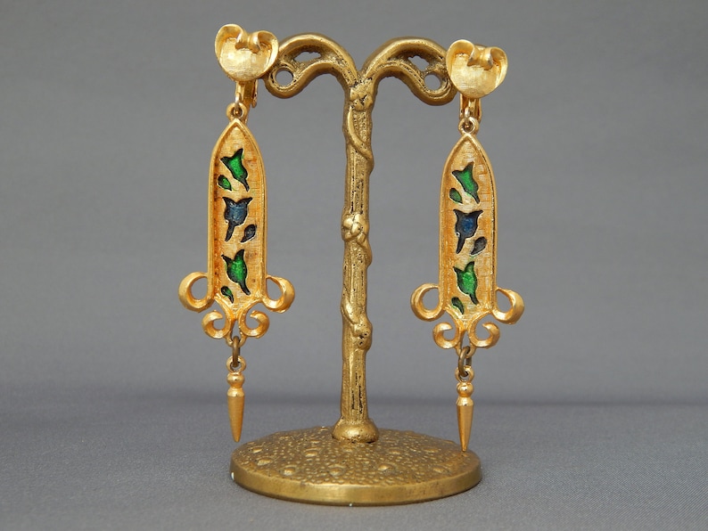 Dangly Earrings Victorian Style Earrings LISA Long Earrings Clip-Ons Gold Tone Blue Green Enamel