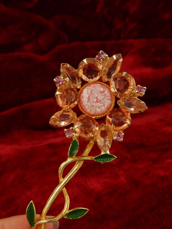 BIG Flower Pin Pink Rhinestones Lucite Enamel - image 3