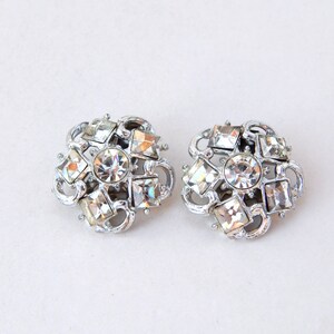 Rhinestone Flower Earrings Clip-Ons, Clear Rhinestone Clip Earrings, Bridal Wedding Earrings, Mid Century Jewelry, Vintage