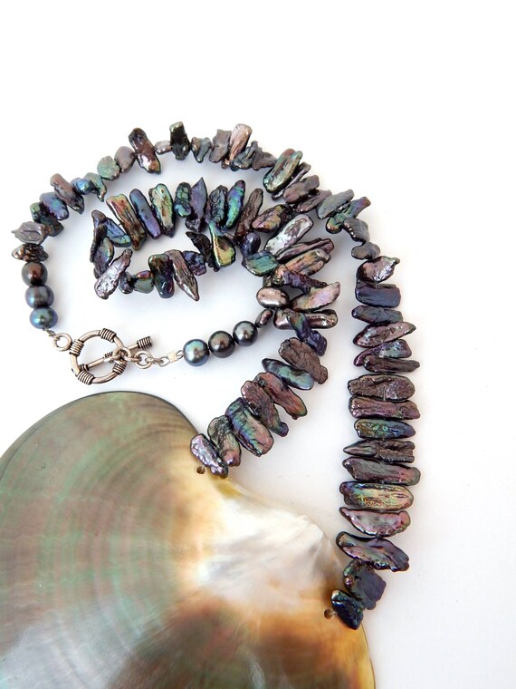 Vintage Huge Abalone Shell Biwa Pearl Necklace, A… - image 5