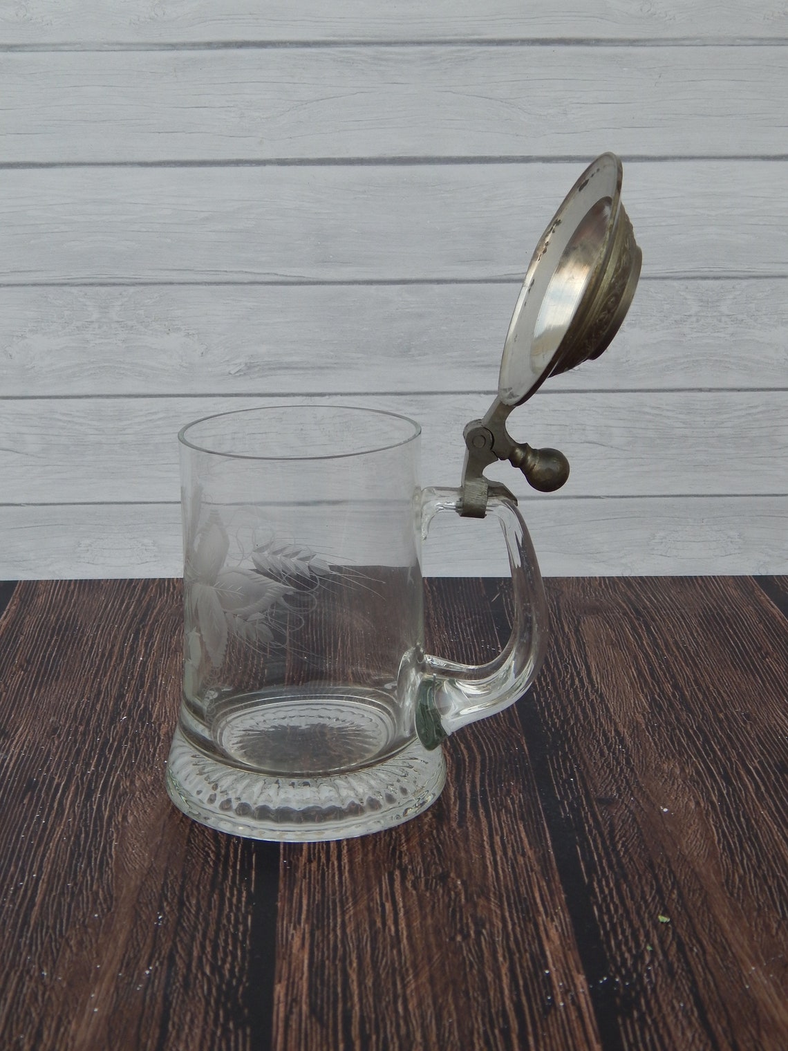 Vintage Glass Beer Stein Pewter Lid German Beer Stein Etched Etsy