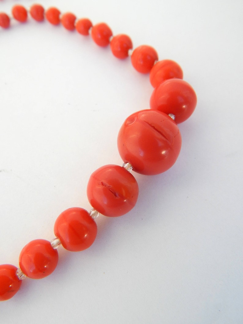 Vintage Coral Red Celluloid Necklace 10K Filigree Clasp Early Plastic Necklace Faux Coral Celluloid Necklace Graduated Beads Single Strand