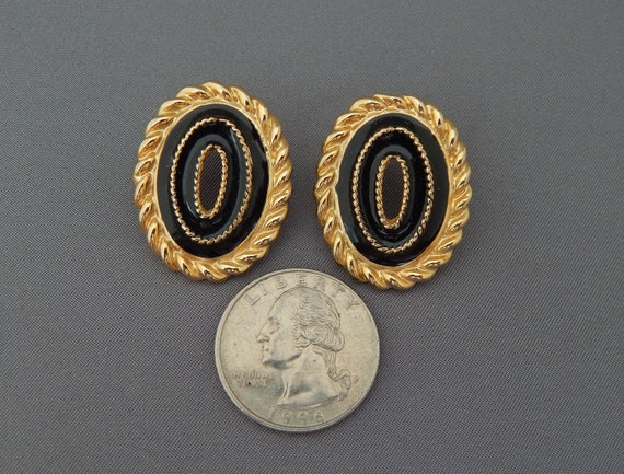 Black and Gold Enamel Earrings, Pierced Oval Earr… - image 2