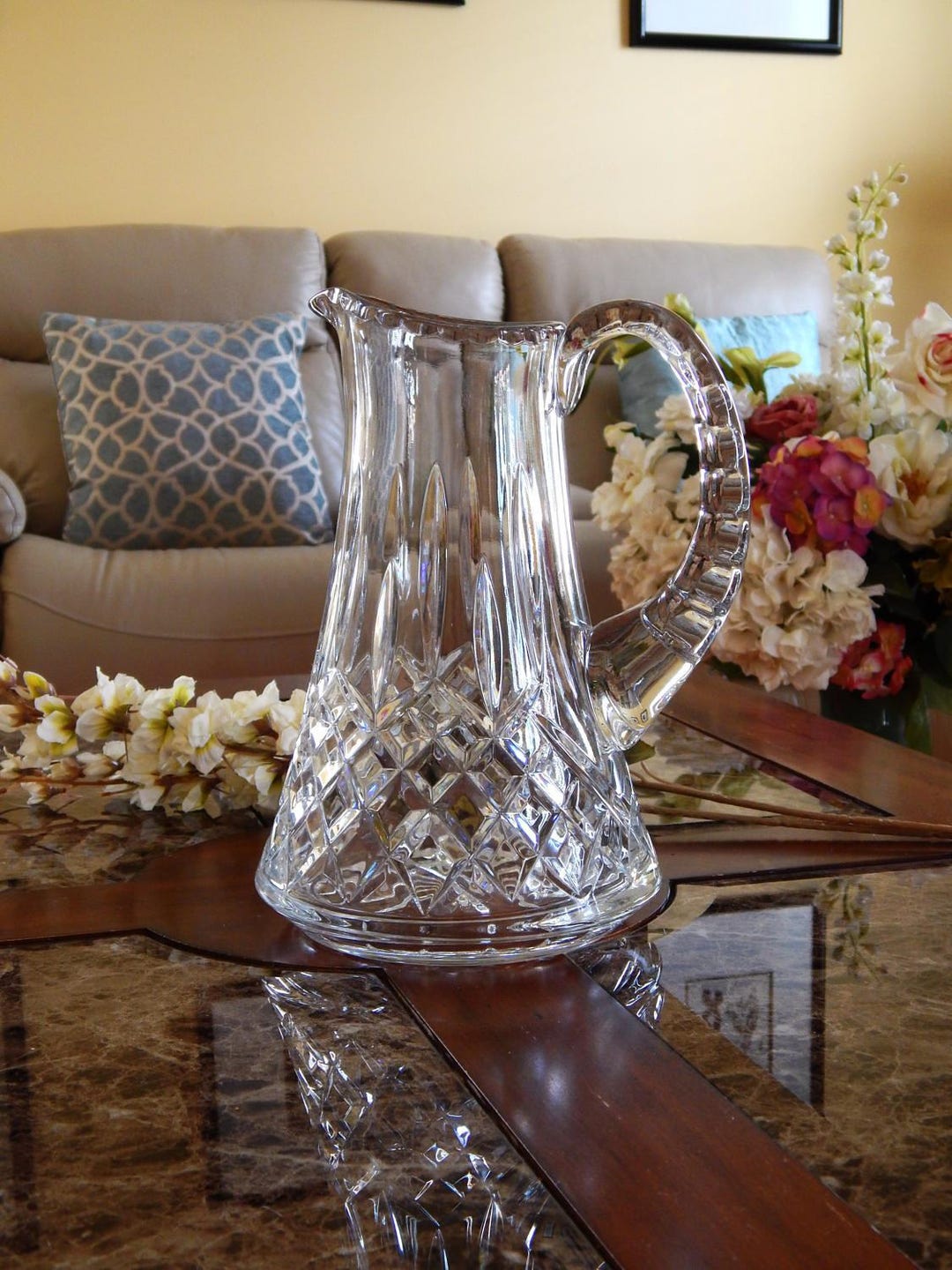 Antique Cut Lead Crystal Pitcher, Tall Heavy Crystal Pitcher, Victorian Edwardian Crystal Water