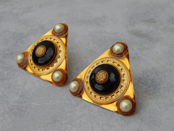 PATTI HORN Earrings Clip-Ons, Black and Gold Tone… - image 2