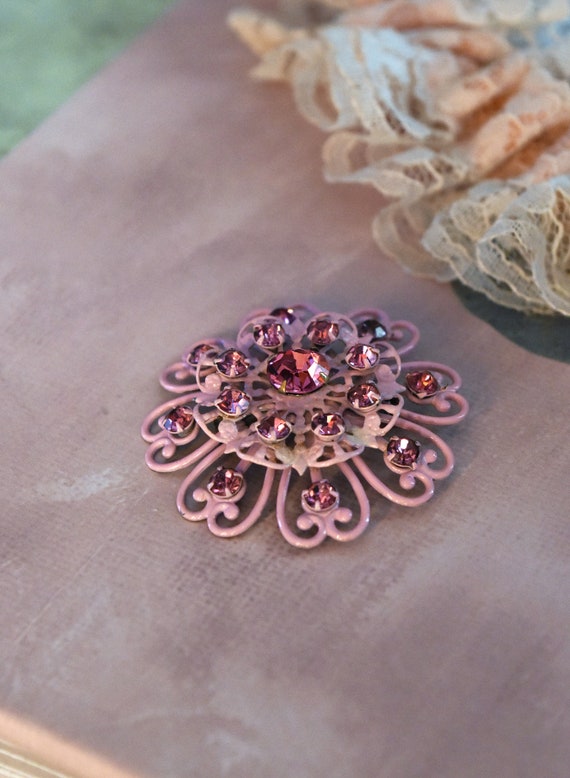 Pink Enamel Pin, Rhinestone Enamel Flower Pin, Pi… - image 2