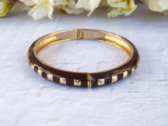 Brown Bracelet Thin Cuff, Brown Enamel Gold Tone … - image 2
