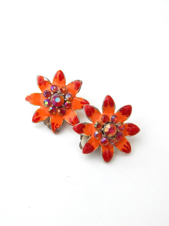 Red Orange Flower Earrings Clip-ons, Rhinestone En