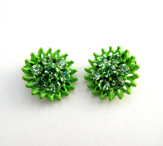 Green Enamel Pin and Clip Earrings, Green Rhinest… - image 2