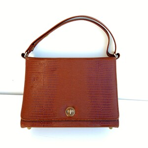 Vintage Handbag Lizard Print by RISQUE, Faux Reptile Brown Handbag Purse, Classic Frame Bag Mid Century Fashion
