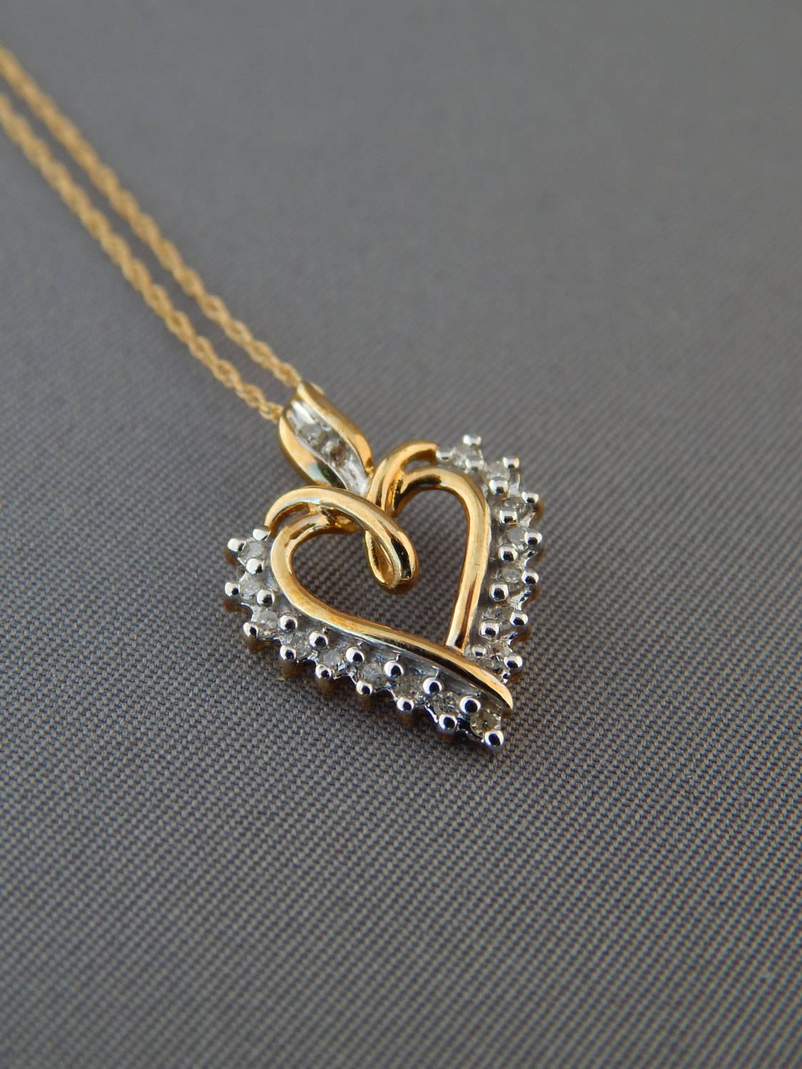 10K Gold Diamond Heart Necklace 10K Yellow Gold Heart Pendant