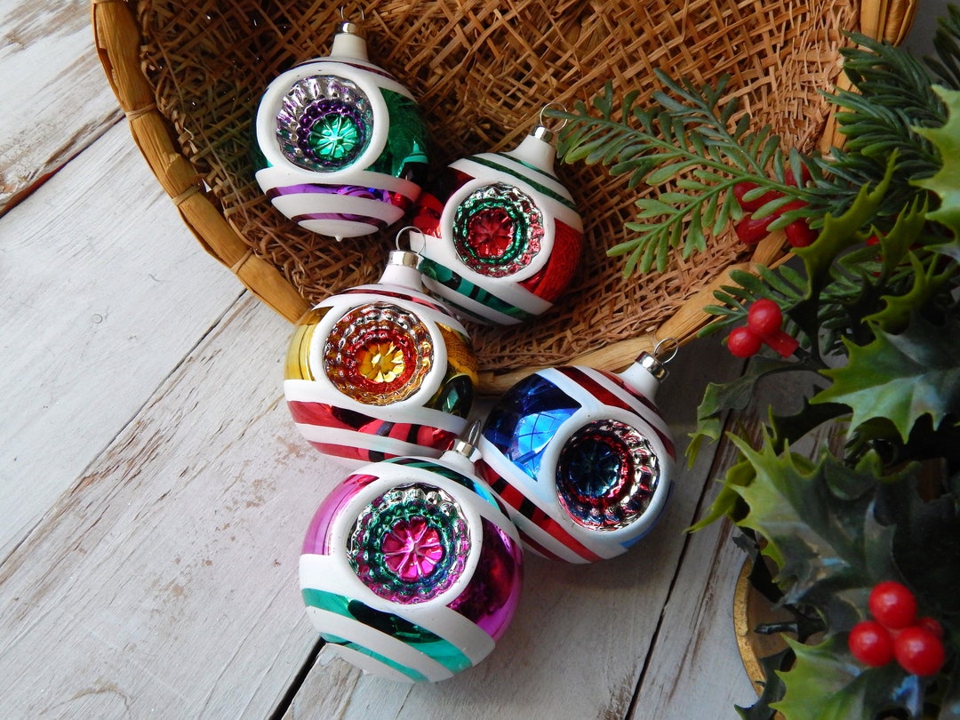 Reflector Ornaments Set of 5, Multi Color Retro Glass Ball Ornaments