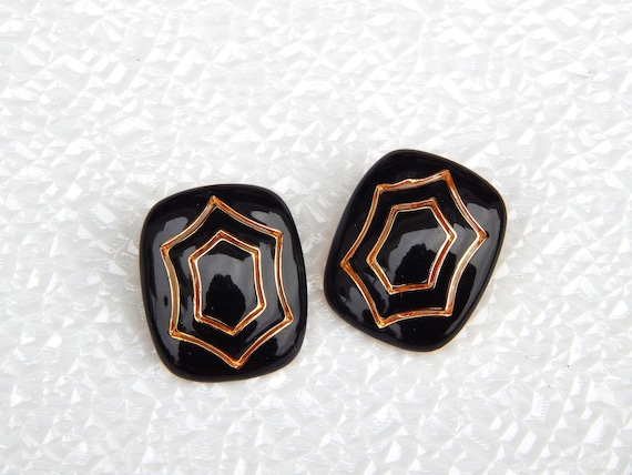 Black Enamel Earrings Clip-Ons, Rectangular Black… - image 1
