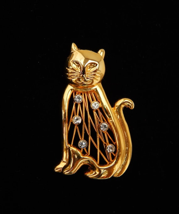 Gold Cat Pin, Gold Tone Cat Brooch Openwork, Rhine