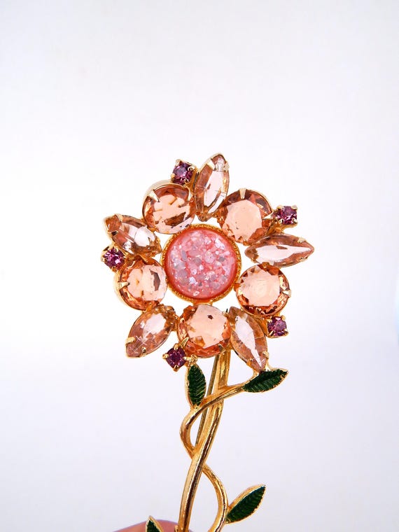 BIG Flower Pin Pink Rhinestones Lucite Enamel - image 6