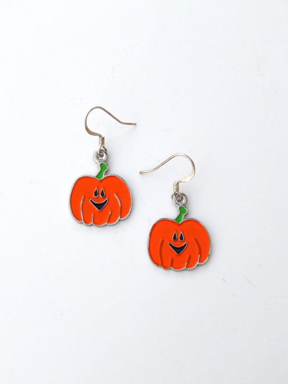 Jack-O-Lantern Earrings, Orange Enamel Pumpkin Ea… - image 2