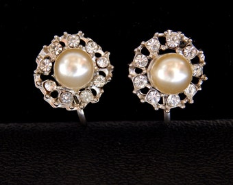 Rhinestone Pearl Earrings Screw-Back, Vintage Earrings, Bridal Wedding Earrings, Mid Century