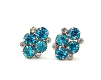 Blue Rhinestone Earrings Screw-Back, Bridal Wedding Earrings, Mid Century Jewelry, Christmas