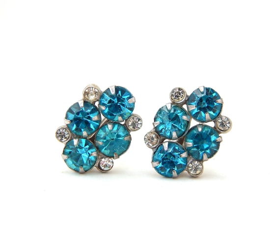Blue Rhinestone Earrings Screw-Back, Bridal Weddi… - image 1