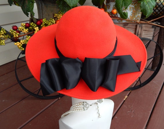 Red Hat Black Bow, Red Wool Hat, Wide Brim Hat Woo