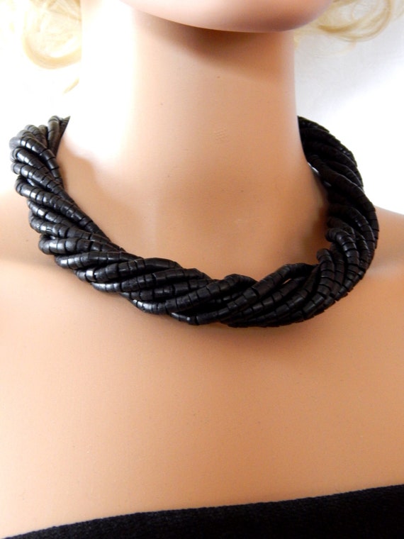 Black Twisted Necklace, Vintage Black Coconut She… - image 2