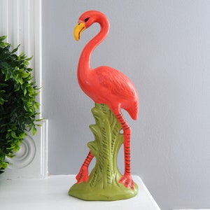 Pink Flamingo Figurine, Vintage Ceramic Flamingo Hand-Painted, Tropical Decor, Vintage