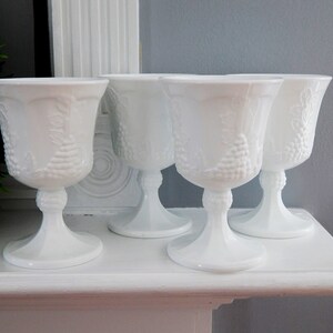 Milk Glass Footed Water Goblets COLONY Harvest Set of 4, Grape Panel Milk Glass Vintage Water Goblets