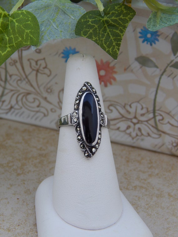 Silver Onyx Ring Size 7,  Sterling Silver Ring wi… - image 4
