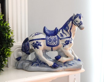 Chinoiserie Horse Blue & White, Large Prancing Horse Statuette Vintage Figurine White and Blue Chinese Porcelain