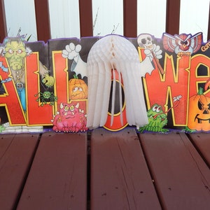 Vintage Halloween Banner Honeycomb Ghost Monsters, Halloween Decorations, Wall Window Decor, Halloween Ephemera, Vintage