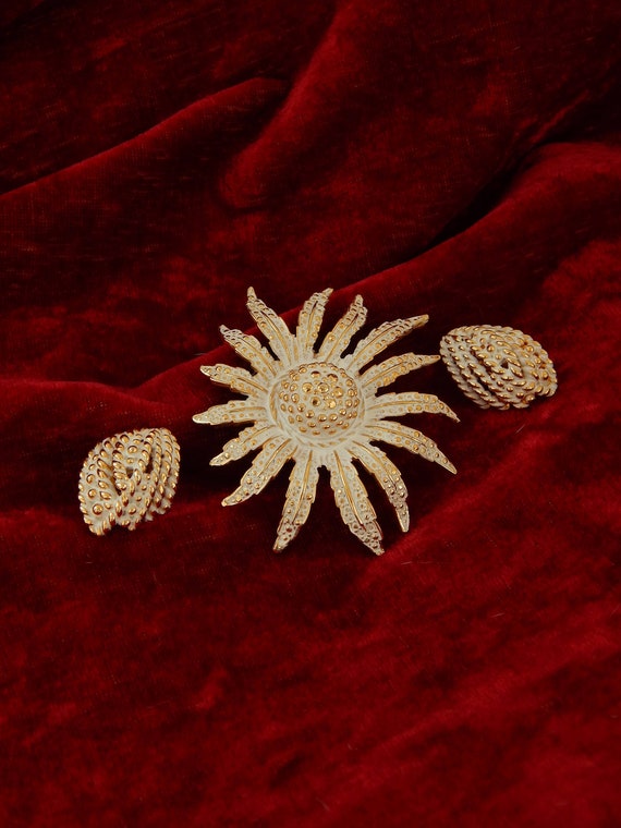 Enamel Flower Pin and Clip Earrings Set, White and