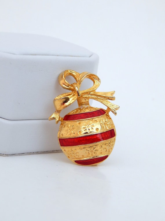 Christmas Ornament Pin, Red Gold Tone Enamel Chris