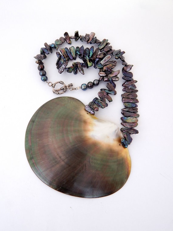 Vintage Huge Abalone Shell Biwa Pearl Necklace, A… - image 2