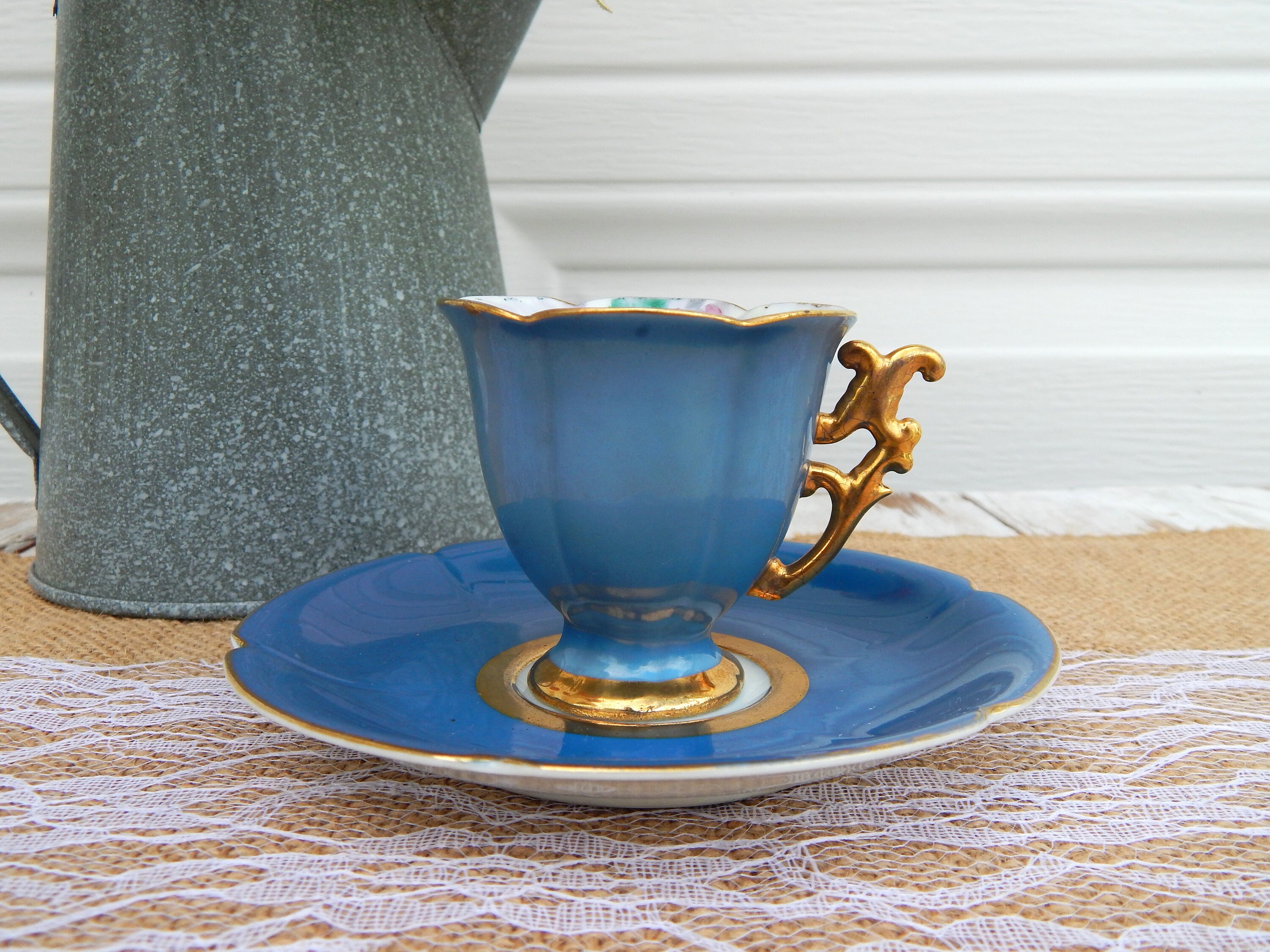 Antique Cup OCCUPIED JAPAN Blue Gold Hand Painted Flowers