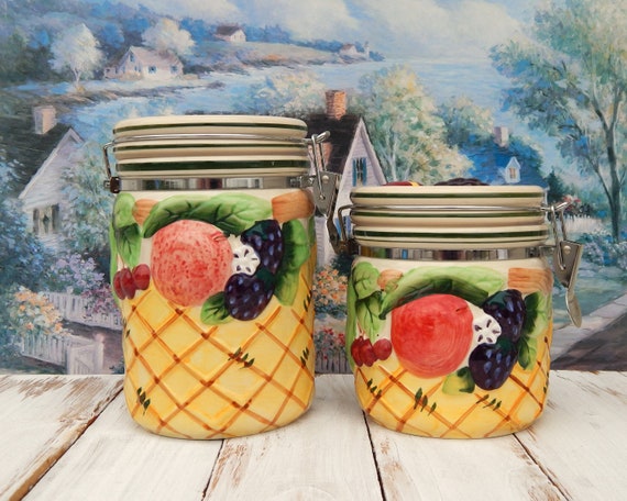 Set of 3 Harvest Kitchen Canisters Set, Fruit Berries Decorated