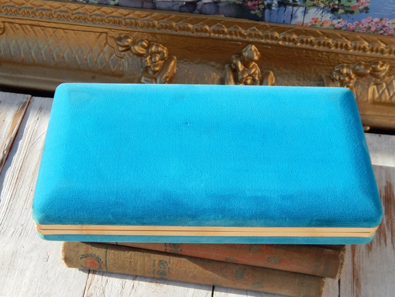 Jewelry Box Turquoise Velvet PRESTIGE, Mid Century