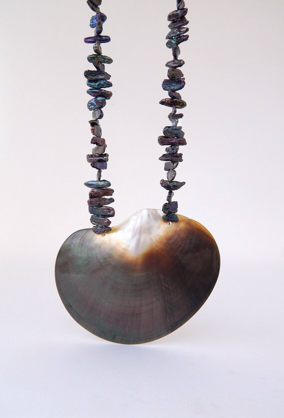 Vintage Huge Abalone Shell Biwa Pearl Necklace, A… - image 6