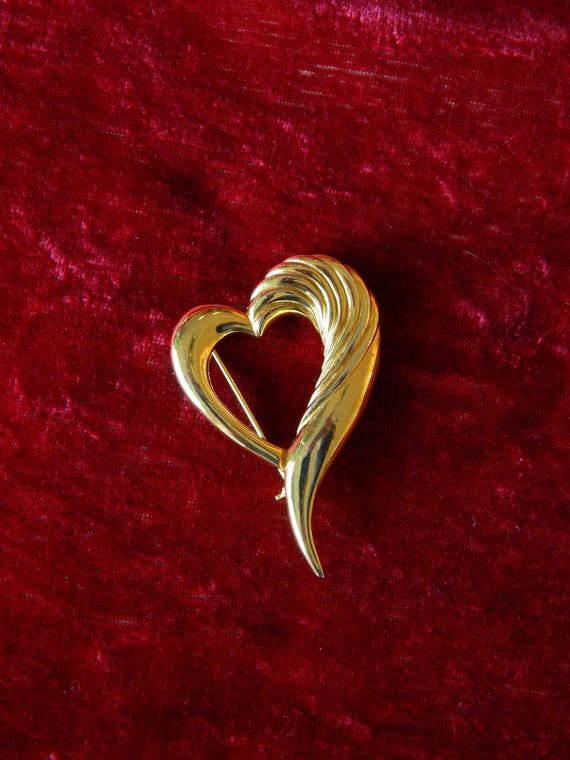 Gold Heart Pin, Big Heart Brooch Gold Tone, Whimsi