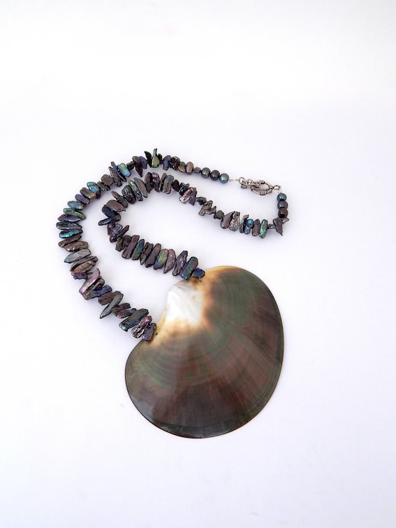 Vintage Huge Abalone Shell Biwa Pearl Necklace, A… - image 1