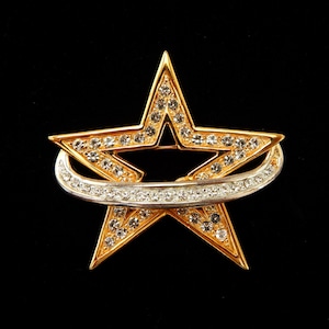 Rhinestone Star Pin Signed TONA, Star Orbit Pin Crystals Gold Plate, Space Astronomy Celestial Jewelry, Christmas