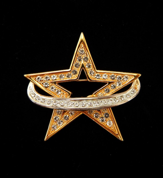 Rhinestone Star Pin Signed TONA, Star Orbit Pin Cr