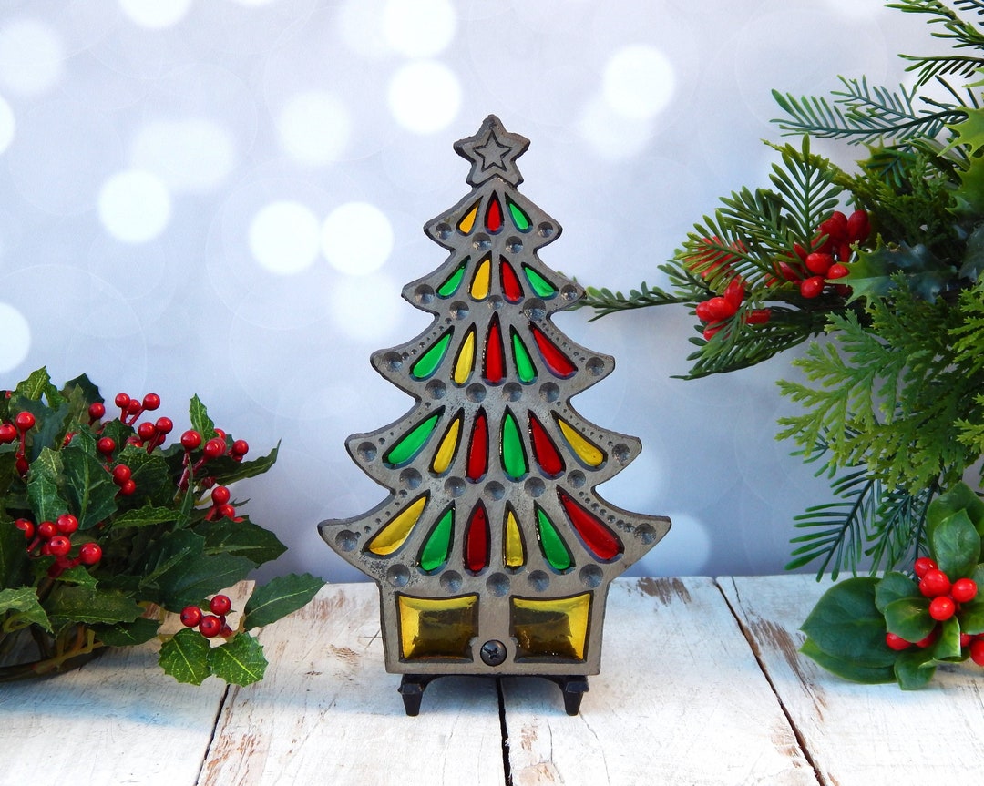 Christmas Tree Tealight Candle Holder Stained Glass, Vintage Christmas