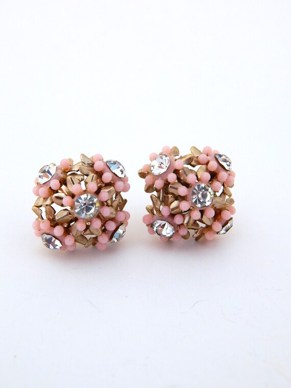 Pink Flower Earrings Screw-Backs Celluloid Rhines… - image 2