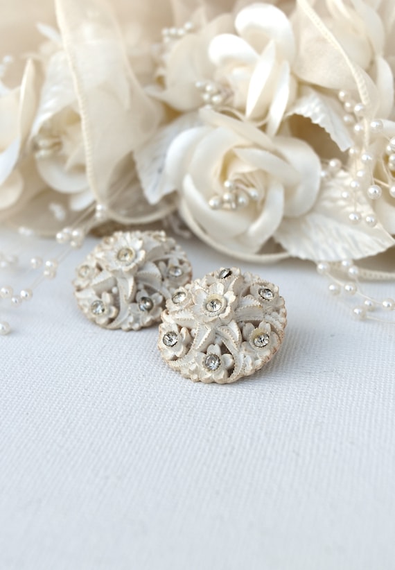 Celluloid Rhinestone Earrings Clip-Ons Ivory-White