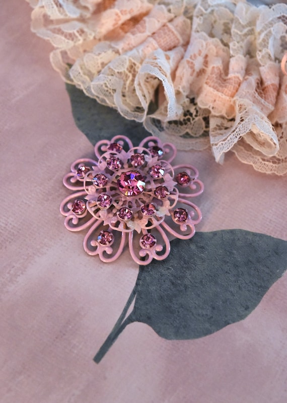 Pink Enamel Pin, Rhinestone Enamel Flower Pin, Pi… - image 1