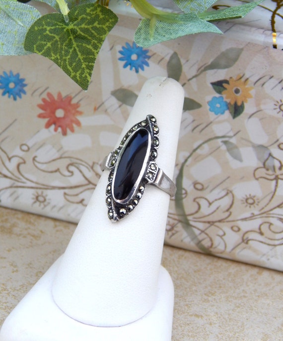 Silver Onyx Ring Size 7,  Sterling Silver Ring wi… - image 2